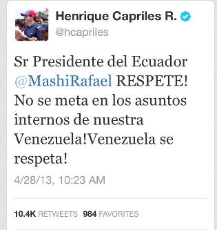 Capriles pide a Correa que no se meta en los asuntos internos de Venezuela