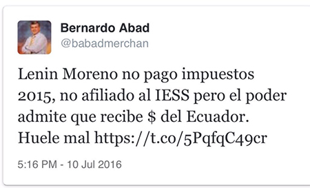Suspenden cuenta de Twitter de periodista Bernardo Abad por decir que Lenin Moreno no pagó impuestos en 2015