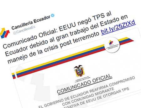 Cancillería ecuatoriana dice que EE.UU negó el TPS debido al gran trabajo del gobierno ecuatoriano