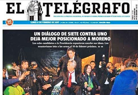 Diario El Telégrafo asegura que Lenin Moreno «salió mejor posicionado tras el debate»