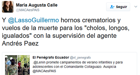 Exasambleísta María Augusta Calle dice que Lasso hará «hornos crematorios para longos»