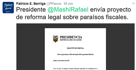 Correa envió a la Asamblea reforma legal sobre paraísos fiscales.
