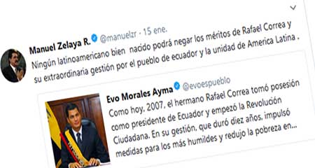 Evo Morales recuerda posesión de Rafael Correa. Zelaya lo apoya con faltas ortográficas
