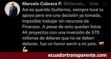 Marcelo Cabrera, ministro de Obras Públicas deja el cargo agradeciendo pero quejándose que no hubo recursos